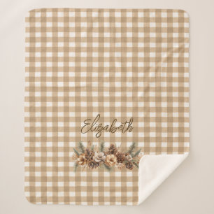 Rustic Fall Pine Cones Brown Gingham Personalized Sherpa Blanket
