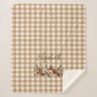 Rustic Fall Pine Cones Brown Gingham Personalized  Sherpa Blanket