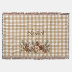 Rustic Fall Pine Cones Brown Gingham Personalized  Throw Blanket