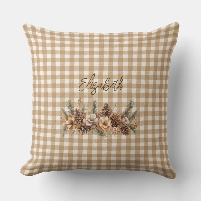 Rustic Fall Pine Cones Brown Gingham Personalized  Throw Pillow (Front)
