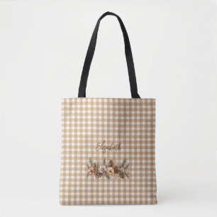 Rustic Fall Pine Cones Brown Gingham Personalized  Tote Bag