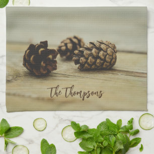 Rustic Fall Pinecones Farmhouse Theme Custom Name Kitchen Towel