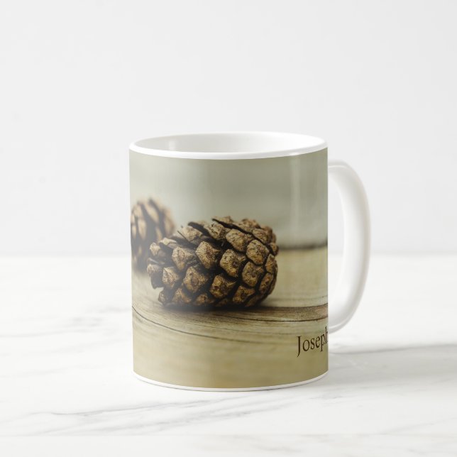 Rustic Fall Pinecones Nature Photo And Custom Name Coffee Mug (Front Right)