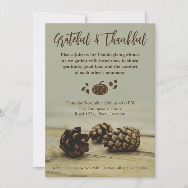 Rustic Fall Pinecones On Wood Pumpkin Thanksgiving Invitation (Front)