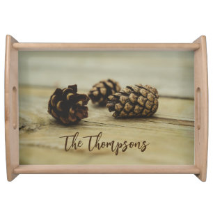 Rustic Fall Pinecones On Wood With Family Name Serving Tray
