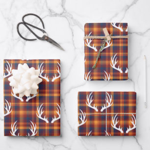 Rustic Fall Plaid & White Deer Antlers Wrapping Paper Sheets