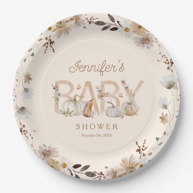 Rustic Fall Pumpkin and Floral Baby Shower Paper Plates (Front)
