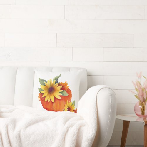 Rustic Fall Pumpkin and Sunflowers Floral Throw Pillow