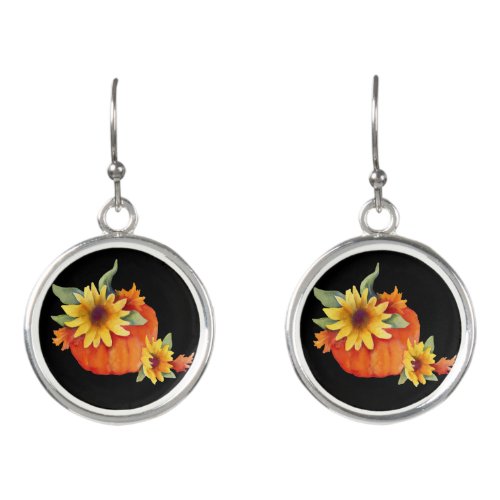 Rustic Fall Pumpkin and Sunflowers Watercolor  Earrings