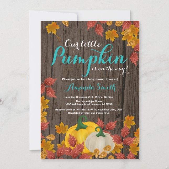 Rustic Fall Pumpkin Aqua Baby Shower invitation (Front)