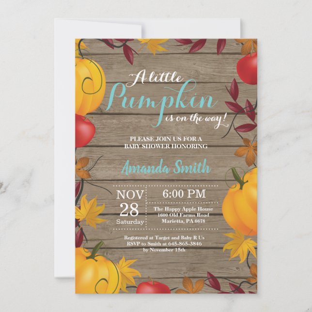 Rustic Fall Pumpkin Aqua Baby Shower invitation (Front)