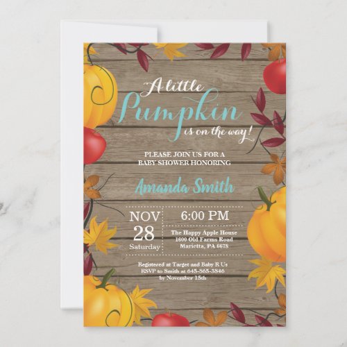 Rustic Fall Pumpkin Aqua Baby Shower invitation