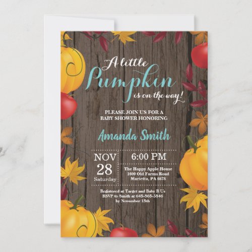 Rustic Fall Pumpkin Aqua Baby Shower invitation