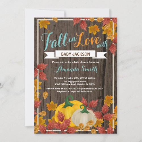 Rustic Fall Pumpkin Aqua Baby Shower invitation