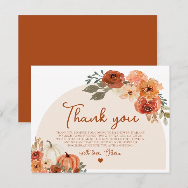 Rustic Fall Pumpkin Autumn Floral Bridal Shower Thank You Card (Front/Back)