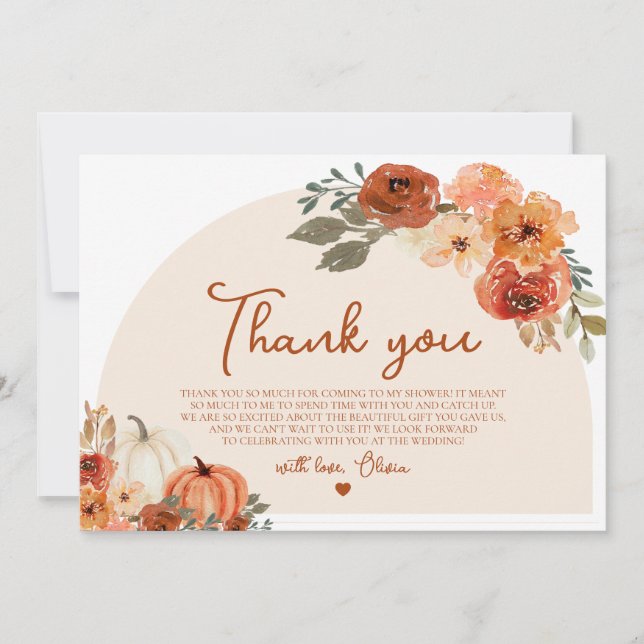 Rustic Fall Pumpkin Autumn Floral Bridal Shower Thank You Card (Front)