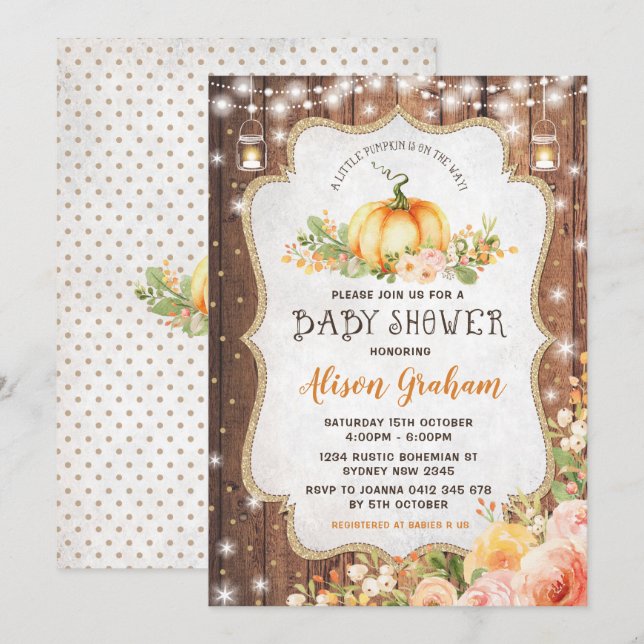 Rustic Fall Pumpkin Baby Shower Autumn Floral Invitation (Front/Back)