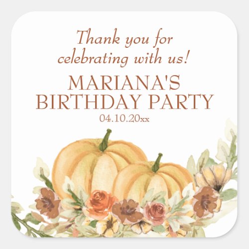 Rustic Fall Pumpkin Birthday Party Favor Square Sticker