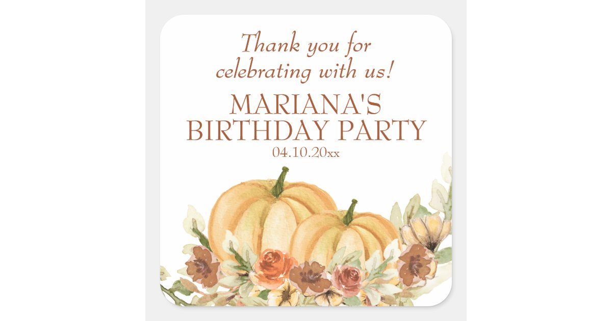 Rustic Fall Pumpkin Birthday Party Favor Square Sticker | Zazzle