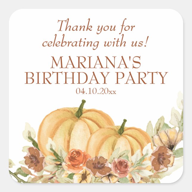Rustic Fall Pumpkin Birthday Party Favor Square Sticker (Front)