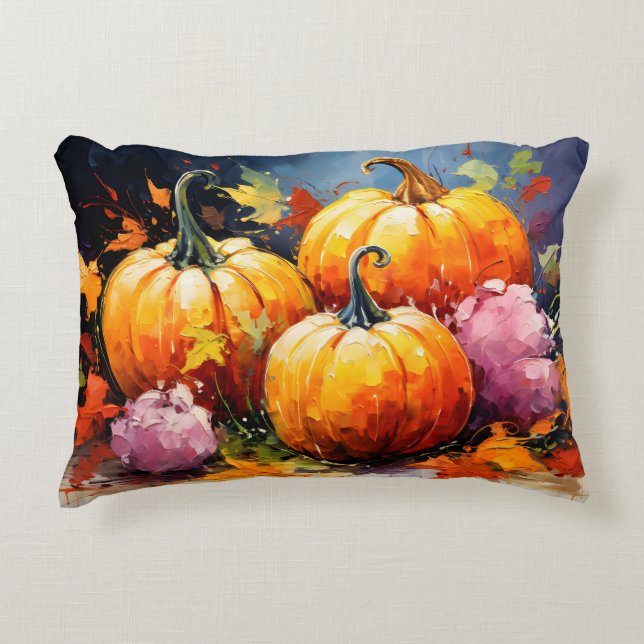 Rustic Fall Pumpkin Colorful Autumn Leaves Accent Pillow (Front)