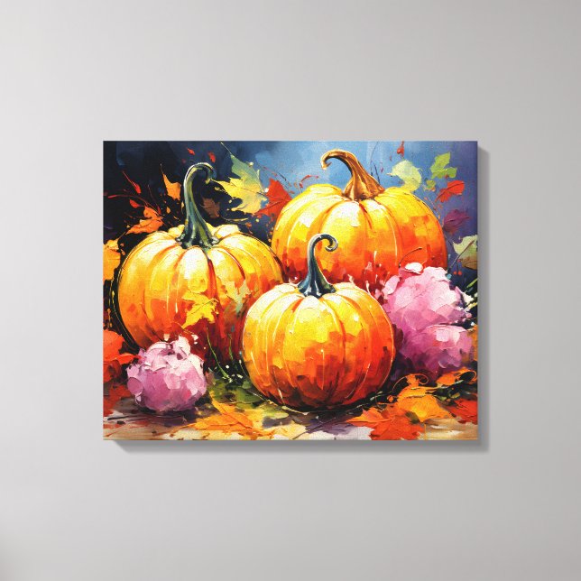 Rustic Fall Pumpkin Colorful Autumn Leaves Canvas Print (Front)