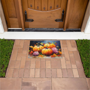 Rustic Fall Pumpkin Colorful Autumn Leaves Doormat