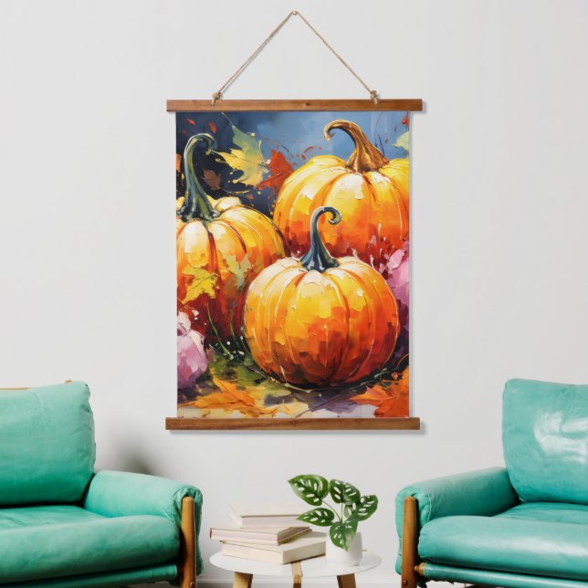 Rustic Fall Pumpkin Colorful Autumn Leaves Hanging Tapestry (Living Room)