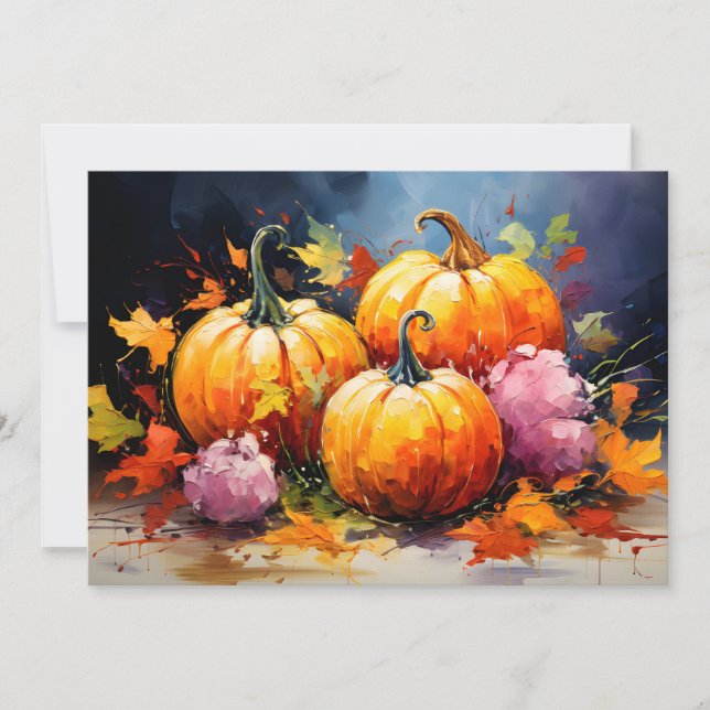 Rustic Fall Pumpkin Colorful Autumn Leaves Holiday Card (Front)