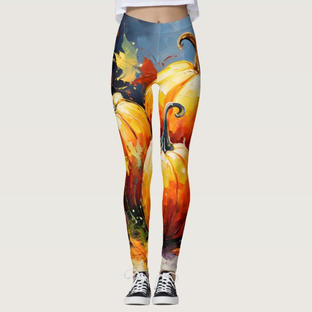 Rustic Fall Pumpkin Colorful Autumn Leaves Leggings (Front)