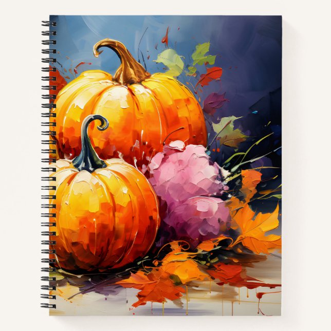 Rustic Fall Pumpkin Colorful Autumn Leaves Notebook (Front)