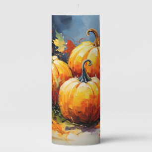 Rustic Fall Pumpkin Colorful Autumn Leaves Pillar Candle
