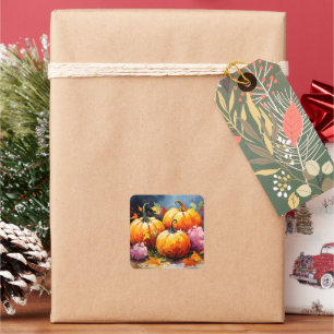 Rustic Fall Pumpkin Colorful Autumn Leaves Square Sticker