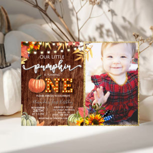 Rustic Fall Pumpkin First Birthday With Photo Invitation