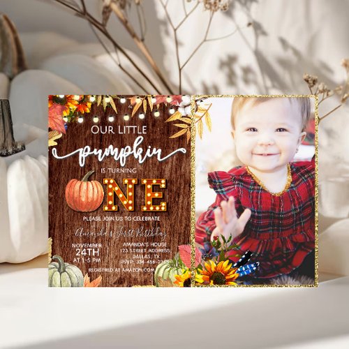 Rustic Fall Pumpkin First Birthday With Photo Invitation