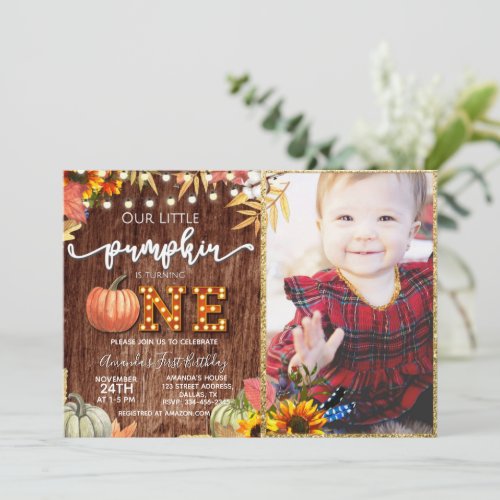Rustic Fall Pumpkin First Birthday With Photo Invitation