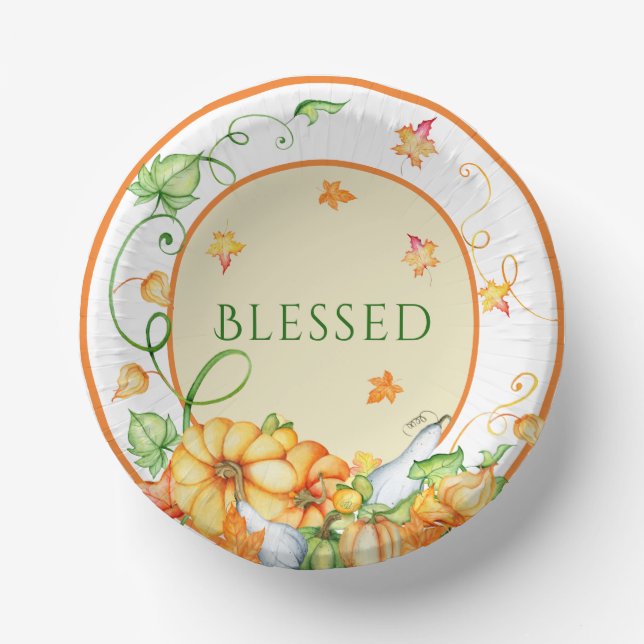 Rustic Fall Pumpkin Floral Blessed Thanksgiving  Paper Bowls (Front)