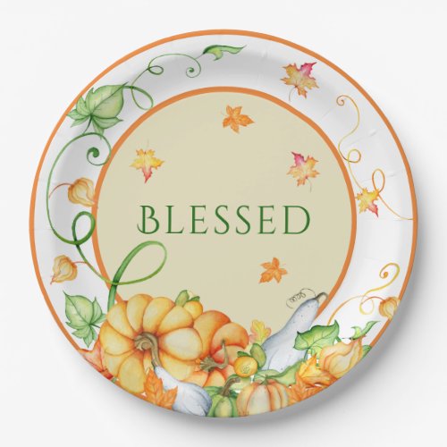 Rustic Fall Pumpkin Floral Blessed Thanksgiving  Paper Plates
