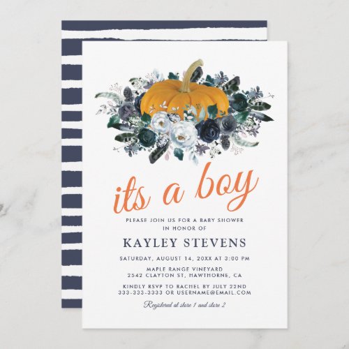 Rustic Fall Pumpkin Floral Boy Baby Shower Invitation - Rustic fall its a boy baby shower invitations featuring a chic white background that can be changed to any color, a stylish watercolor navy floral pumpkin design, and a modern baby party template that is easy to personalize.