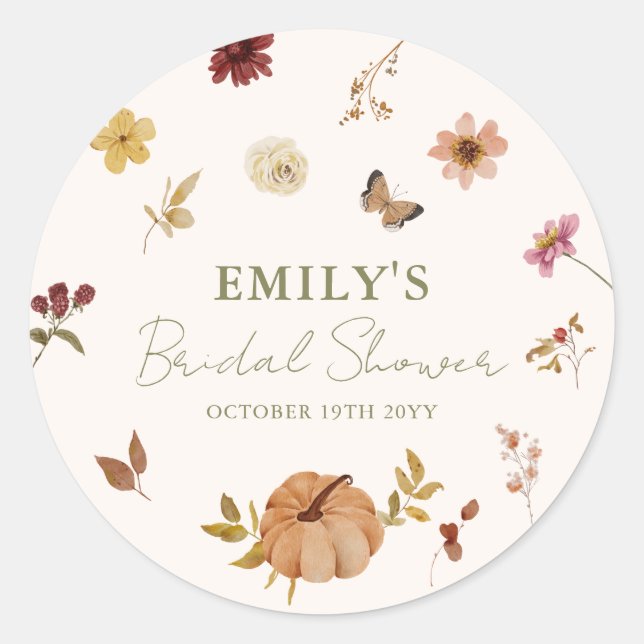 Rustic Fall Pumpkin Floral Bridal Shower Classic Round Sticker (Front)