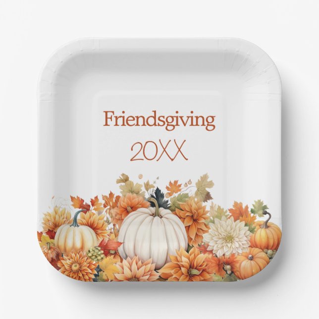 Rustic Fall Pumpkin Floral Friendsgiving Year Paper Plates (Front)