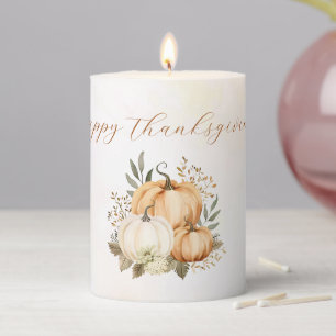Rustic Fall Pumpkin Floral Happy Thanksgiving Pillar Candle