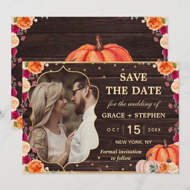 Rustic Fall Pumpkin floral wedding save the date (Front/Back)