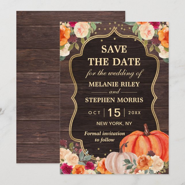 Rustic Fall Pumpkin floral wedding save the date (Front/Back)
