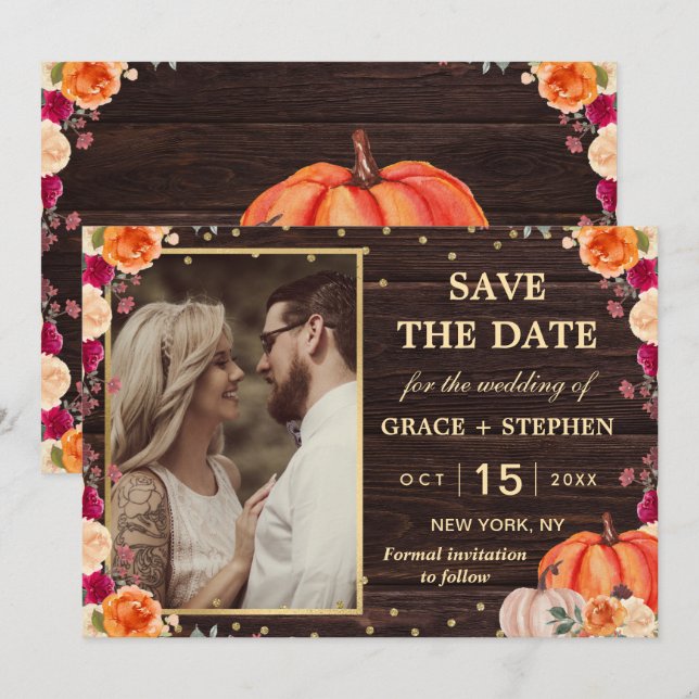 Rustic Fall Pumpkin floral wedding save the date (Front/Back)