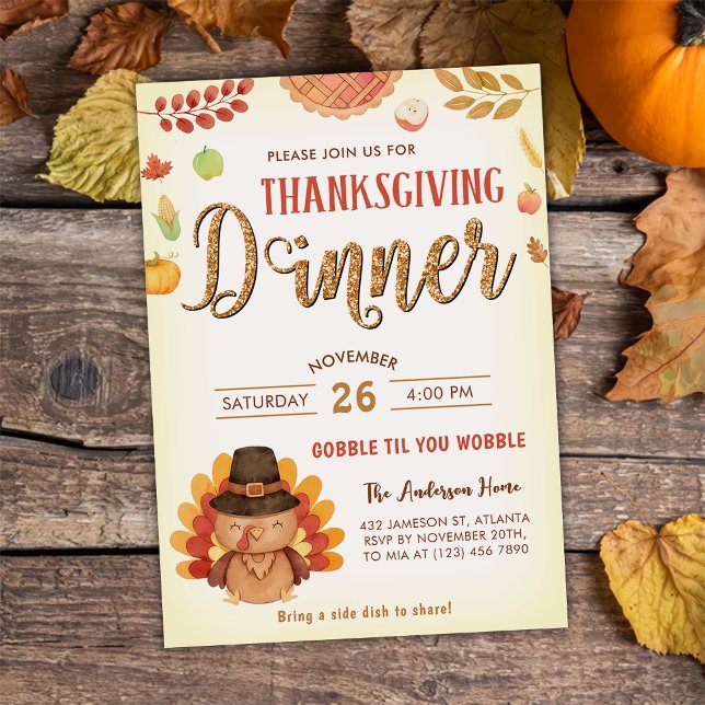 Rustic Fall Pumpkin Gobble Thanksgiving Dinner Invitation (Creator Uploaded)