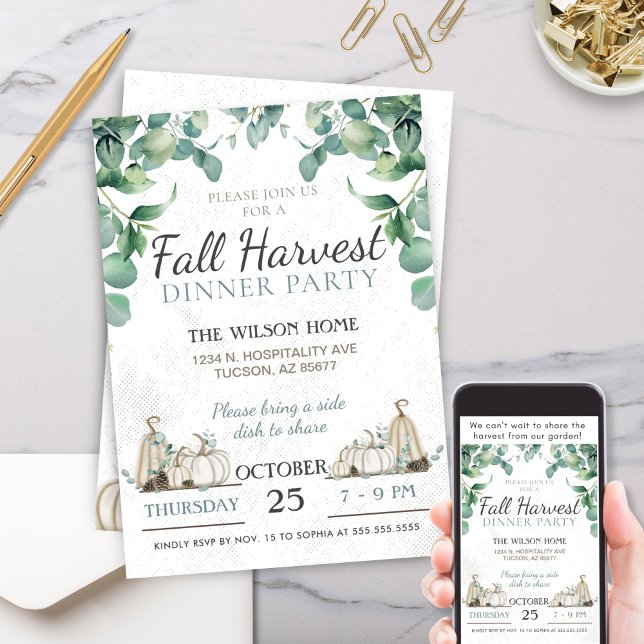 Rustic Fall Pumpkin Greenery Dinner Party Invitation (Elegant Simple Rustic Charm Fall Autumn White Pumpkin Greenery Dinner Party Thanksgiving Invitation)