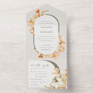 Rustic Fall Pumpkin Leafy Floral Arch Wedding All In One Invitation