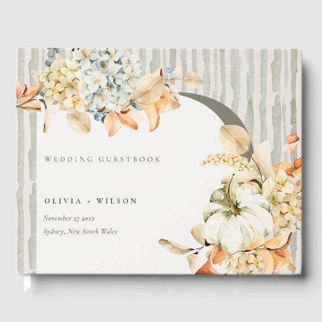 Rustic Fall Pumpkin Leafy Floral Arch Wedding Guest Book (Front)