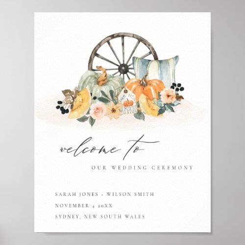 Rustic Fall Pumpkin Leafy Floral Wedding Welcome Poster